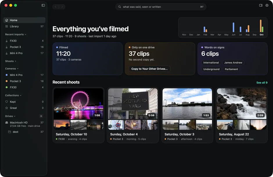 Bredo on Mac: the home screen with footage per camera and the latest shoots